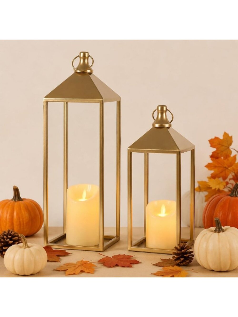 Set of 2 Gold Metal Decorative Lanterns with Candles - Home Decor Accent